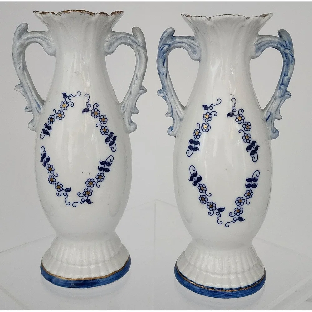 Allied Japan Porcelain Figural Vases Set of 2 Blue White Gold Victorian 3D EXC